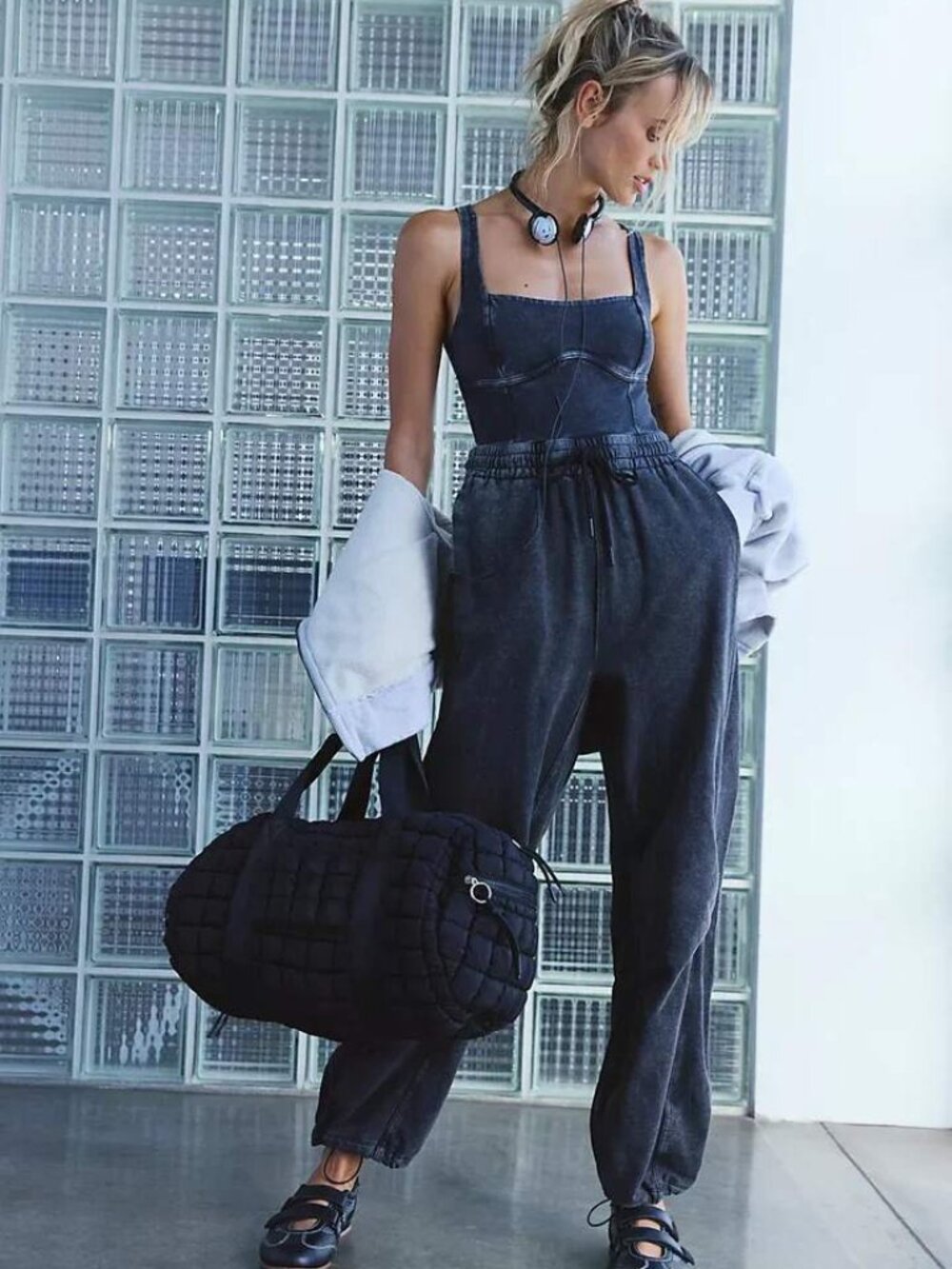 Free People Movement Inbound Jumpsuit Sz M Faded Black Stretch Cotton Pockets